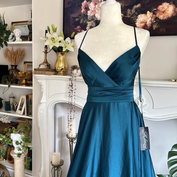 LA FEMME 28571 Teal Satin A-line Dress Open Back - Picture 5 of 10